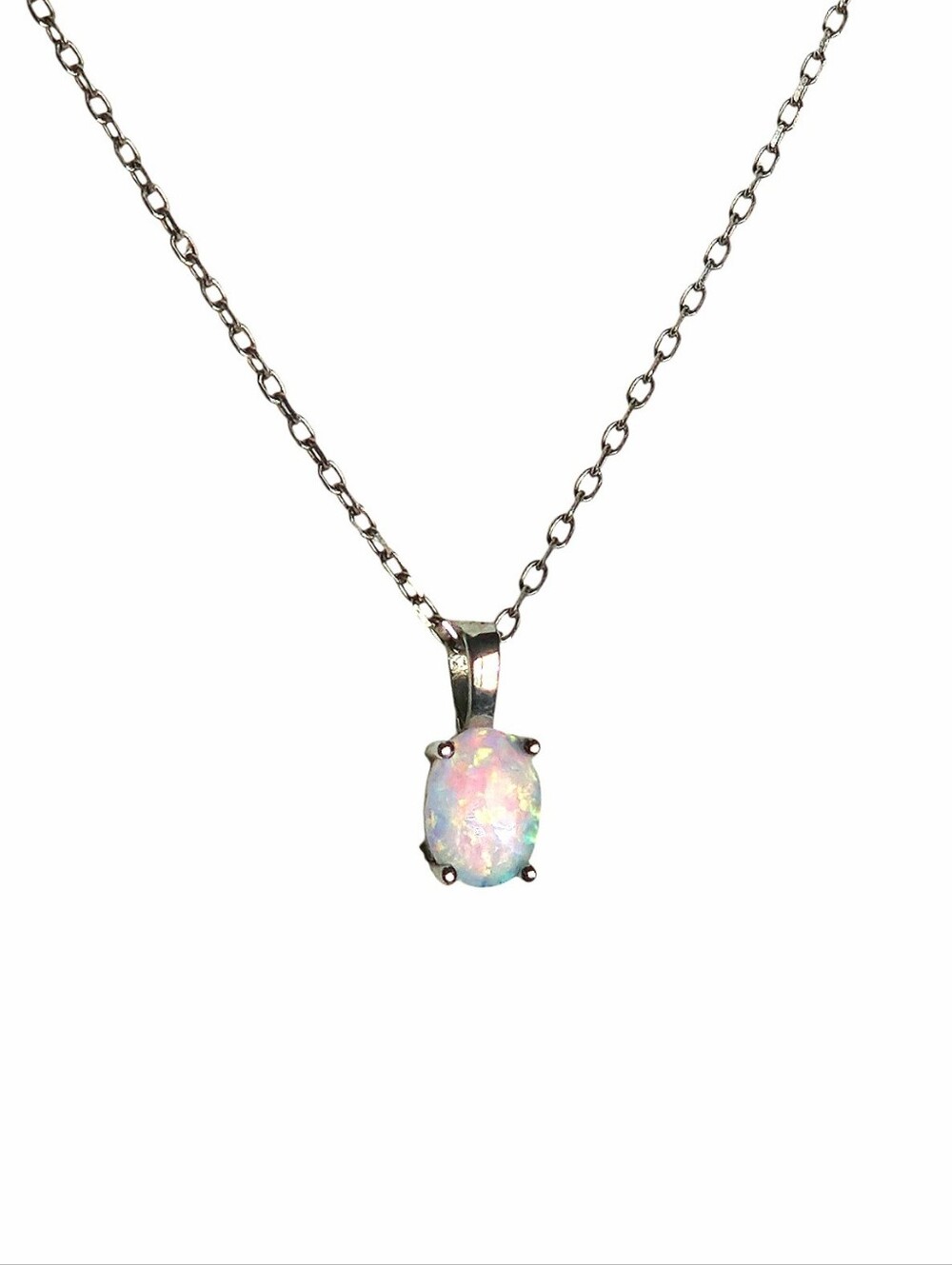 Sterling Silver Iridescent Opal Pendant Necklace
